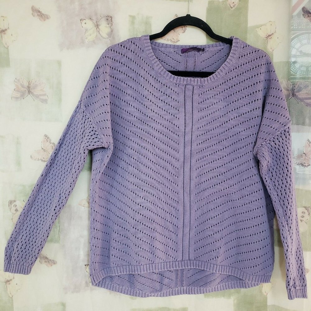 Lavender color perforated knit slim sleeve High Low sweater
